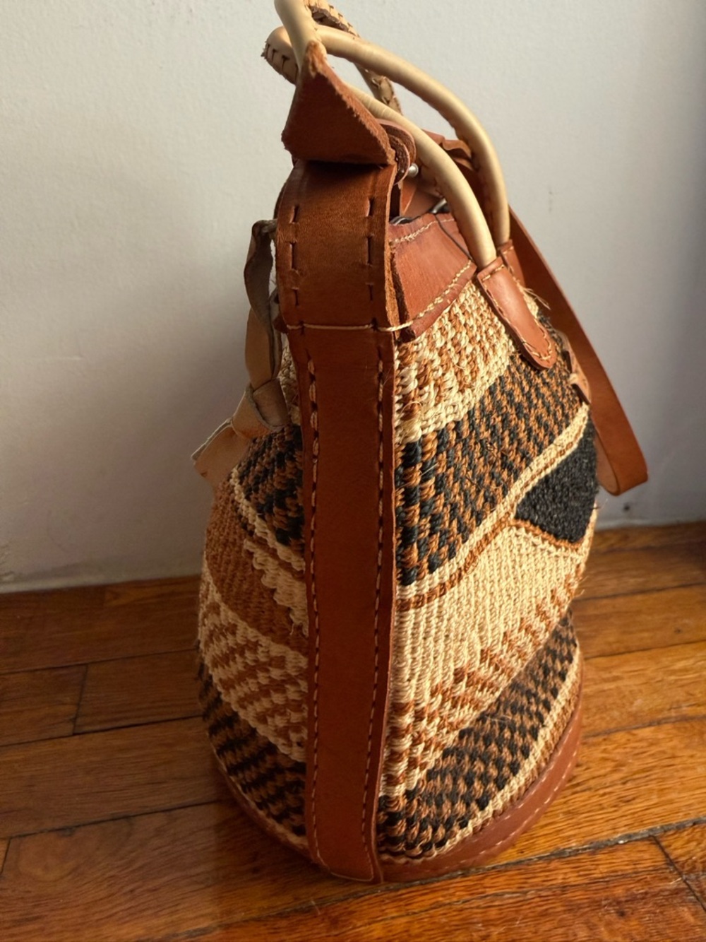 Handwoven Brown African Sisal Tote Bag Kenyan Basket Bag Leather Trim Large - Picture 3 of 11